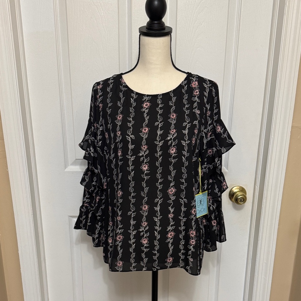 CeCe Black Top with Pink Floral and Ruffle Sleeves